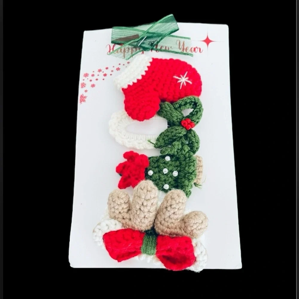 Artisan handcrafted holiday Christmas crochet hair clips Tree, mitten, bows New